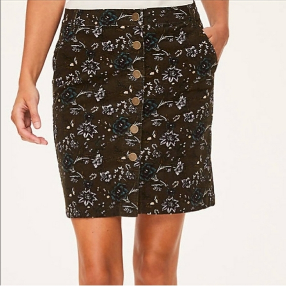 NEW Loft Corduroy Skirt Olive Floral Classic Preppy Classic Trendy Fall Trendy - Picture 1 of 13